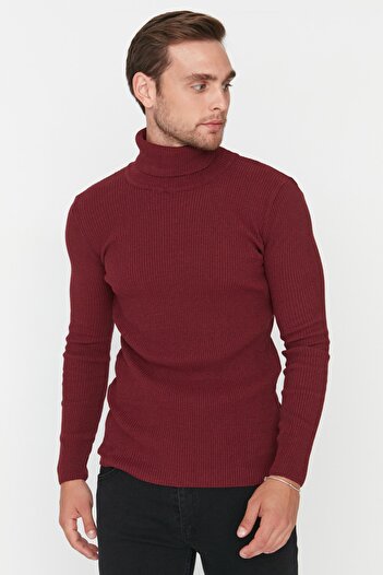 Trendyol Collection Turtleneck Burgundy Corded Sweater - Cotton, Slim Fit Tmnaw20Mg0031