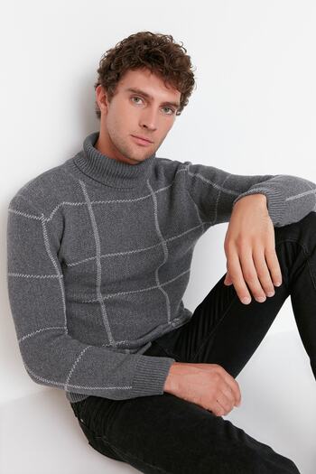 Trendyol Collection Turtleneck Plaid Patterned Slim Fit Knitwear Sweater - Anthracite Tmnaw21Kz0398