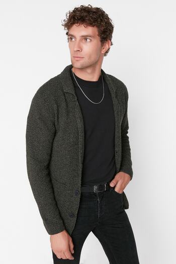 Trendyol Collection Khaki Slim Fit High Textured Knitwear Cardigan with Pockets - Tmnaw21Hi0060