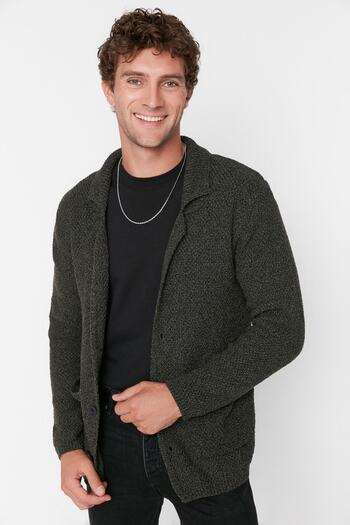 Trendyol Collection Khaki Slim Fit High Textured Knitwear Cardigan with Pockets - Tmnaw21Hi0060