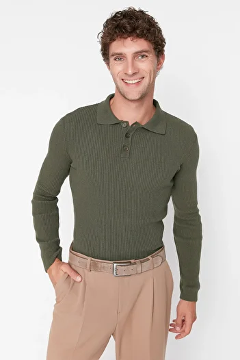 Trendyol Collection Khaki Fitted Slim Fit Cotton Polo Collar Buttoned Ribbed Knit Sweater Tmnaw21Kz0567