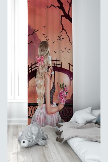 on the clouds Girl Watching Pink Nature Patterned Digital Printing Washable Baby Kids Room Background Curtain