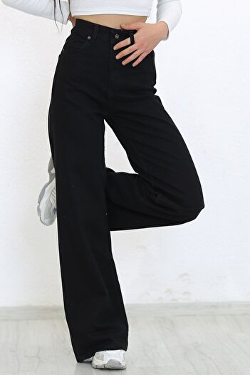 Trn JNS Siyah Wide Leg Kot Pantolon Siyah Salaş Jeans Likralı Palazzo