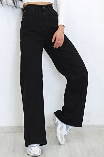Trn JNS Siyah Wide Leg Kot Pantolon Siyah Salaş Jeans Likralı Palazzo