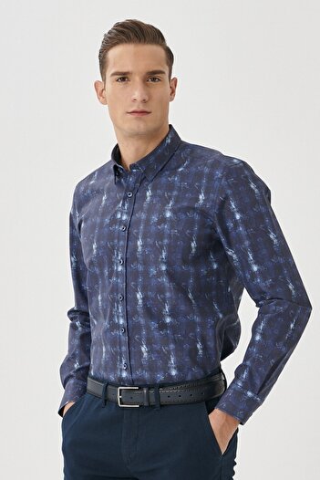 ALTINYILDIZ CLASSICS Ανδρικό πουκάμισο με στάμπα μπλέ Navy με στενό γιακά με κούμπωμα