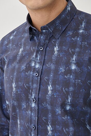 ALTINYILDIZ CLASSICS Ανδρικό πουκάμισο με στάμπα μπλέ Navy με στενό γιακά με κούμπωμα