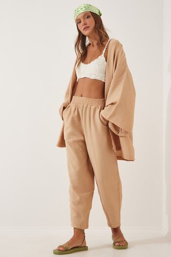 Happiness İstanbul Women's Biscuit Kimono Trousers Set DZ00046