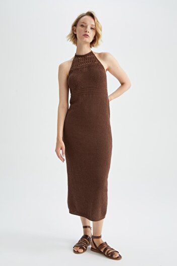 DeFacto Halter Neck Ruched Midi Crochet Dress