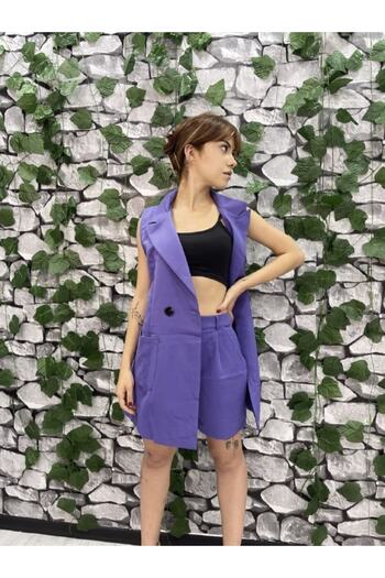 1Moda1Tarz Women's Purple Double Breasted Collar Vest Jacket High Shorts Pocket Bottom-Top Suit Daily Elegant Office Wear