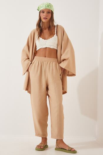 Happiness İstanbul Women's Biscuit Kimono Trousers Set DZ00046