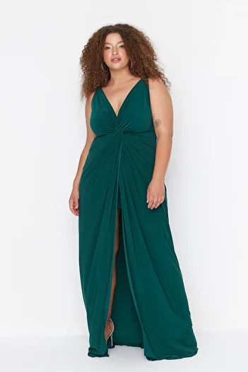 Trendyol Curve Emerald Green Long Maxi Evening Dress - Drape Detailed, Knitted TBBSS22AD00000