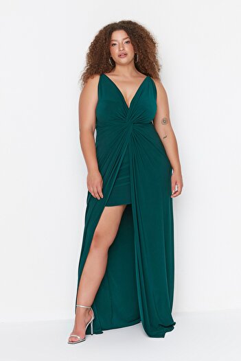 Trendyol Curve Emerald Green Long Maxi Evening Dress - Drape Detailed, Knitted TBBSS22AD00000