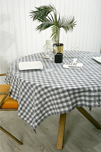 NT Handmade Gray White Checkered 160x130 Cm Tablecloth - Tablecloth for Kitchen Concept Picnic Camping