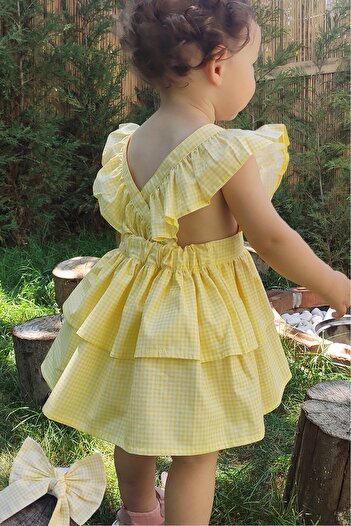 Shecco Babba Girl's Gingham Frilly Yellow Dress Bandana Set