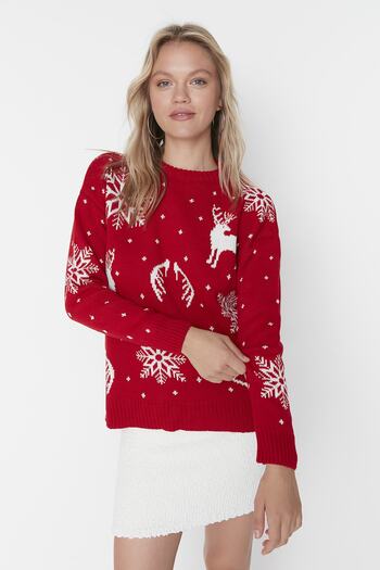 Trendyol Collection New Year's Themed Red Jacquard Sweater - Twoaw23Kz01591