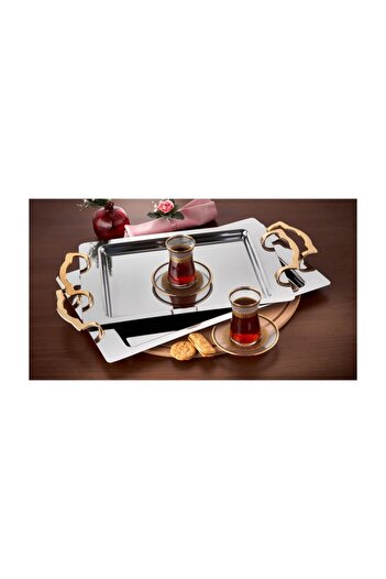ÖZLİFE Lisa Gold 2-Piece Stainless Steel Tea Serving Tray