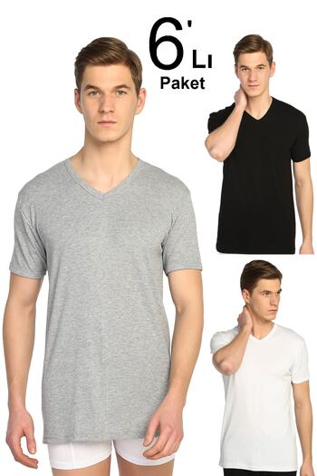 Tutku Men's Mixed Color 6 Pack Ribbed V-Neck Undershirt ELF568T0107CCM6