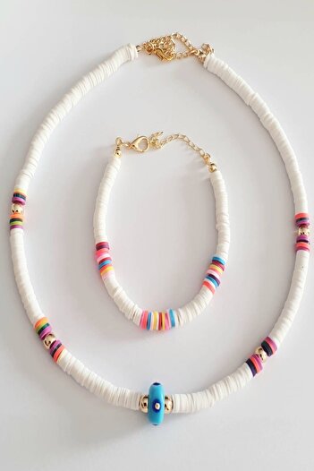 EDWOL Fimo Soft Evil Eye Beaded Necklace and Bracelet Set White