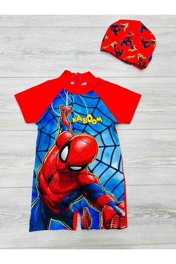 pistyle Boy's Spiderman Patterned Full Body Swimsuit Includes Bonnet