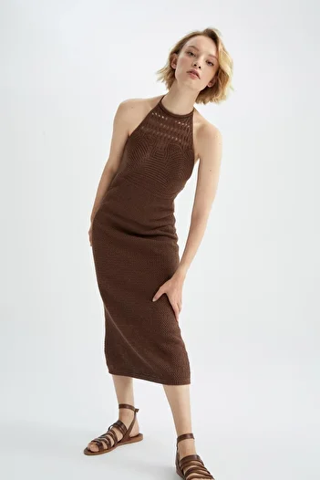 DeFacto Halter Neck Ruched Midi Crochet Dress