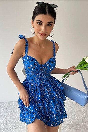 bayansepeti Rochie de vară albastră cu bretele cu șireturi, decupată în straturi, cu imprimeu floral 127