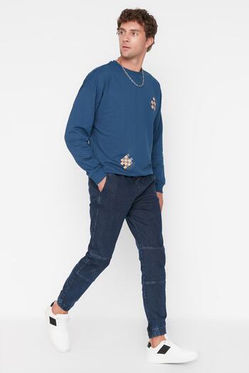 Trendyol Collection Navy Blue Comfortable Fit Stitching Detailed Jogger Jeans Jeans Pants TMNAW23JE00060