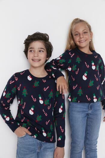 TRENDYOLKIDS Navy Blue Jacquard Unisex Children's Knitwear Sweater TKDAW23KZ00042