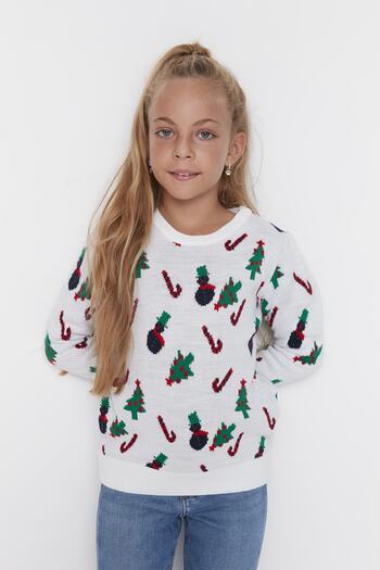 TRENDYOLKIDS Ecru Jacquard Girl's Knitwear Sweater TKDAW23KZ00042