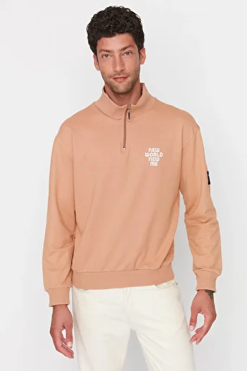 Trendyol Collection Μπεζ γιακάς και φούτερ χαλαρής εφαρμογής με φερμουάρ - TMNAW23SW00103