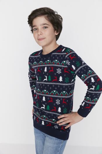 TRENDYOLKIDS Navy Blue Jacquard Boy's Knitwear Sweater TKDAW23KZ00043