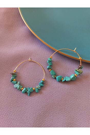 delay art 4 cm Wide Turquoise Stone Authentic Hoop Earrings - Ethnic Natural Stone Set
