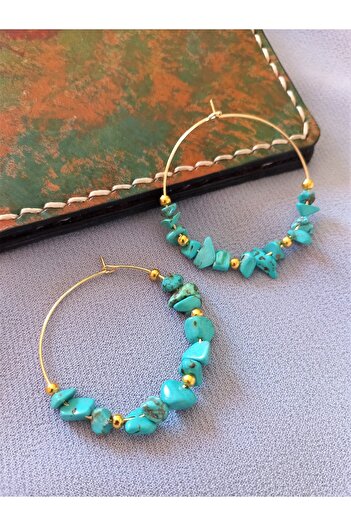 delay art 4 cm Wide Turquoise Stone Authentic Hoop Earrings - Ethnic Natural Stone Set