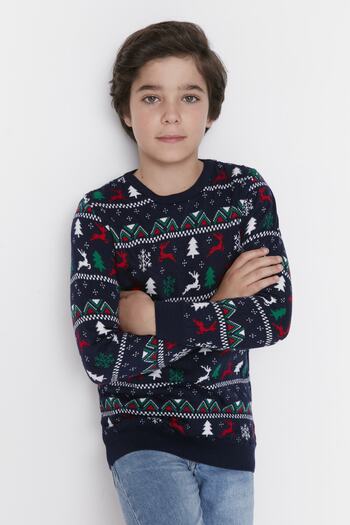 TRENDYOLKIDS Navy Blue Jacquard Boy's Knitwear Sweater TKDAW23KZ00043
