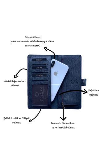 CüzCan Creen Mat Black Gerçek Hakiki Deri Telefon Cüzdanı Unisex (ERKEK-KADIN) Sevgililer Günü Hediyesi