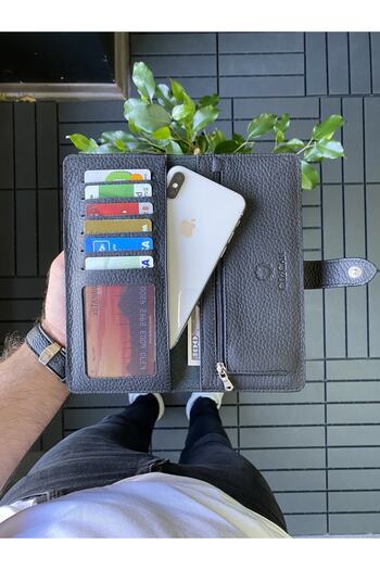 CüzCan Creen Mat Black Gerçek Hakiki Deri Telefon Cüzdanı Unisex (ERKEK-KADIN) Sevgililer Günü Hediyesi