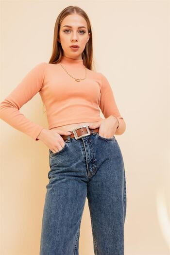 Lafaba Women's Salmon Turtleneck Crop Blouse