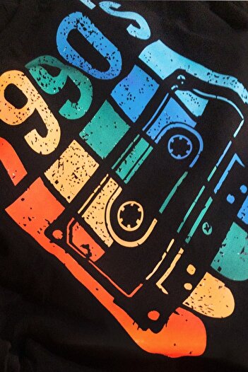 MODAGEN Unisex 1990's Retro Cassette Printed Oversize Black T-shirt