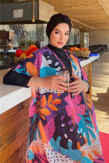 Remsa Mayo Μονό Kaftan Pareo με μοτίβο σε Hijab Swimsuit 430-132 Fuchsia