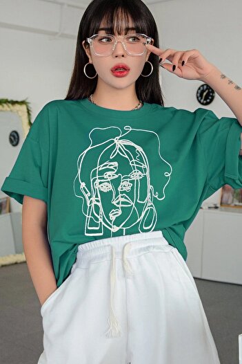 Machetta Plus Size Women's Striped Figure Oversize Mint Green T-shirt