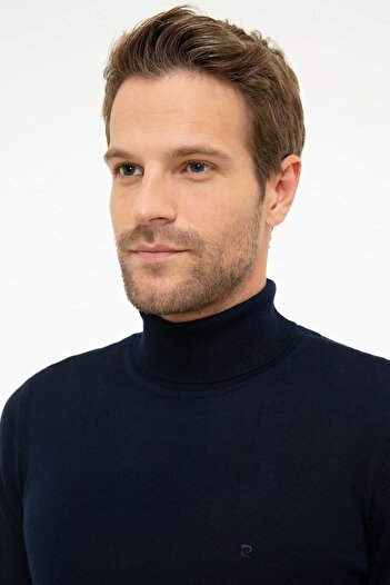 Pierre Cardin Men's Navy Blue Slim Fit Full Turtleneck Basic Knitwear Sweater