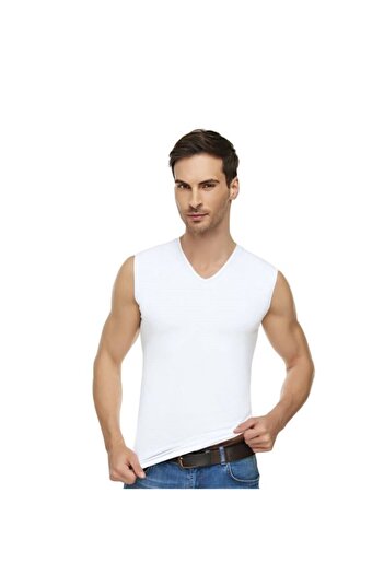 Tutku Men's White Elite 3-Piece Combed Cotton Elastane V-Neck Zero Sleeve Undershirt