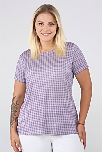Seamoda Plaid Pattern Oil Wash Basic Tshirt-lilac