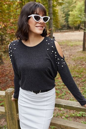 AQE FASHION Women's Anthracite Pearl Embroidered Blouse with Shoulder Windows.