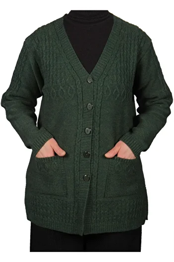 Fresh&Moda Large Size Women's Khaki Green Short Buttoned Cardigan