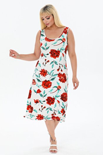 Mooi XXL Women's White Red Rose Patterned Strap Plus Size Dress