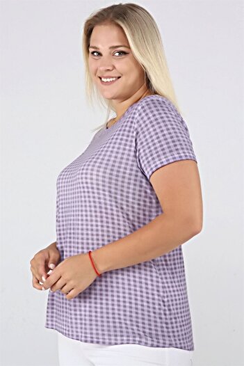 Seamoda Plaid Pattern Oil Wash Basic Tshirt-lilac