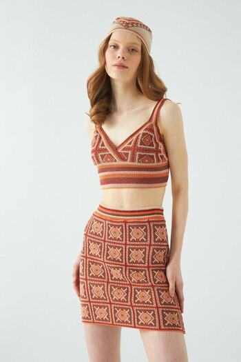 JU Ethnic Pattern Line Detailed Cotton Multi Crop Top