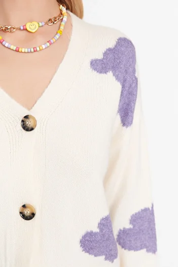 Trendyol Collection Cloud Patterned Soft Knitwear Cardigan - Ecru TWOAW21HI0490