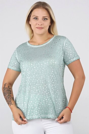Seamoda Bright Dot Printed Oil Washed Basic Tshirt-green