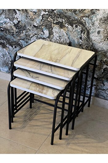 ASLANSTORE 4'lü Metal Zigon Sehpa Kb Mermer
